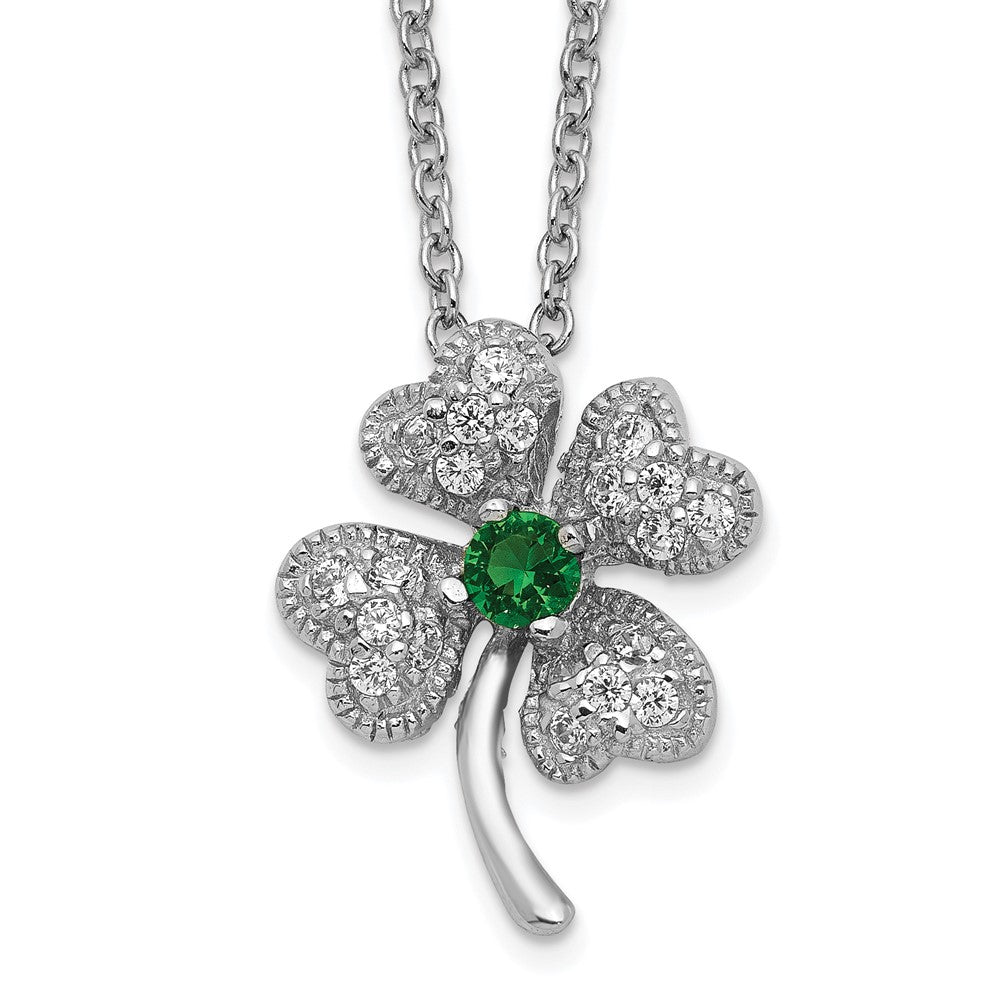 Cheryl M Sterling Silver Rhodium-plated Brilliant-cut Green Glass and Brilliant-cut White CZ Four Leaf Clover 15 Inch Necklace, 15 x 12 mm