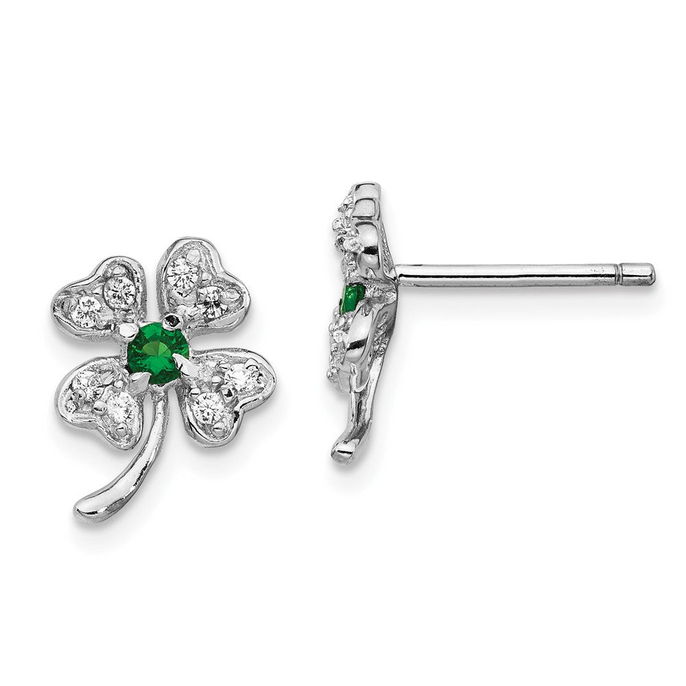 Cheryl M Sterling Silver Rhodium-plated Brilliant-cut Green Glass and Brilliant-cut White CZ Four Leaf Clover Post Earrings, 11 x 9 mm
