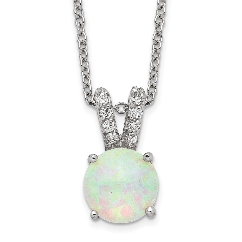Cheryl M Sterling Silver Rhodium-plated Cabochon Lab Created Opal and Brilliant-cut CZ Split Bail 18 Inch Necklace, 18 x 9 mm