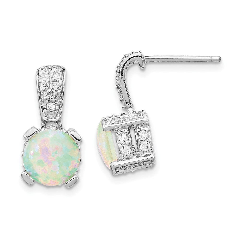 Cheryl M Sterling Silver Rhodium-plated 8mm Cabochon Lab Created Opal and Brilliant-cut CZ Post Dangle Earrings, 16 x 9 mm