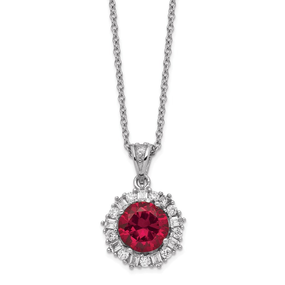 Cheryl M Sterling Silver Rhodium-plated Brilliant-cut Lab Created Ruby and Brilliant-cut/Baguette-cut White CZ 18 Inch Necklace, 1.74 ct, 18 x 13.3 mm