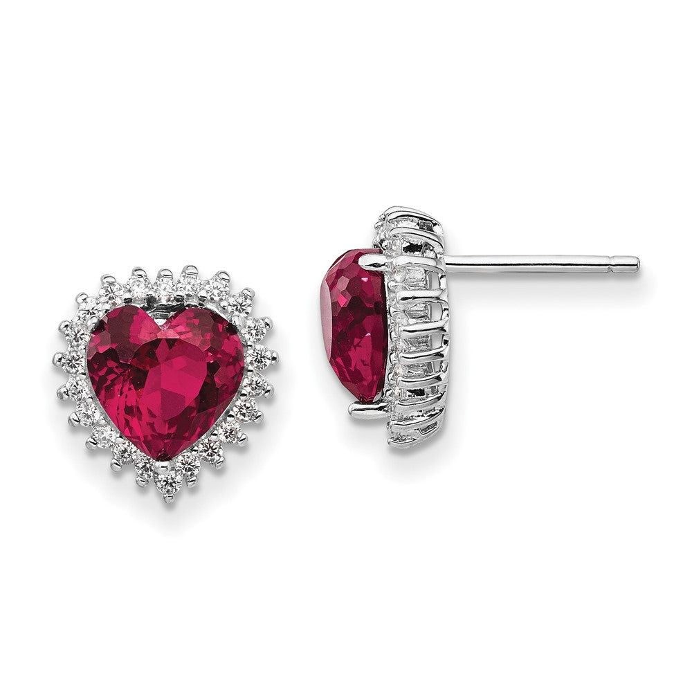 Cheryl M Sterling Silver Rhodium-plated 100 Facet Lab Created Ruby and Brilliant-cut White CZ Heart Halo Post Earrings, 2.05 ct, 12.6 x 12 mm