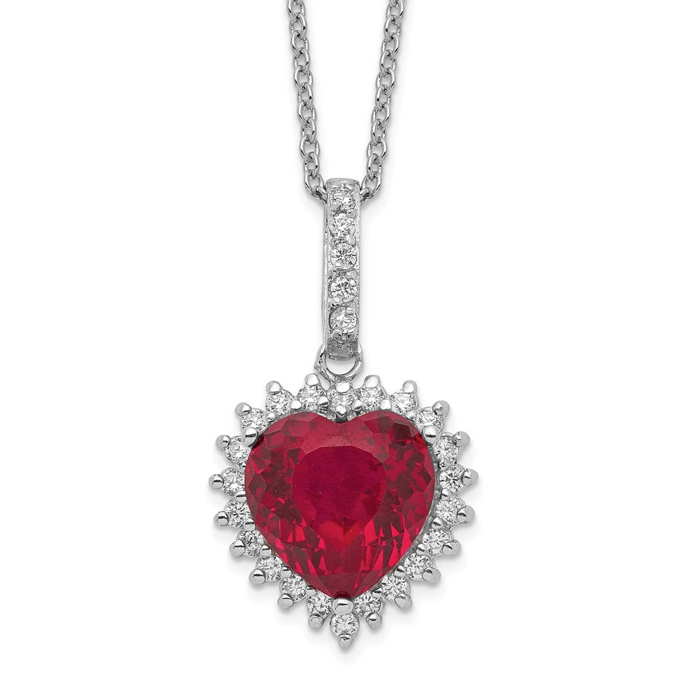 Cheryl M Sterling Silver Rhodium-plated 100 Facet Lab Created Ruby and Brilliant-cut White CZ Heart Halo 18 Inch Necklace, 4.75 ct, 18 x 14.3 mm