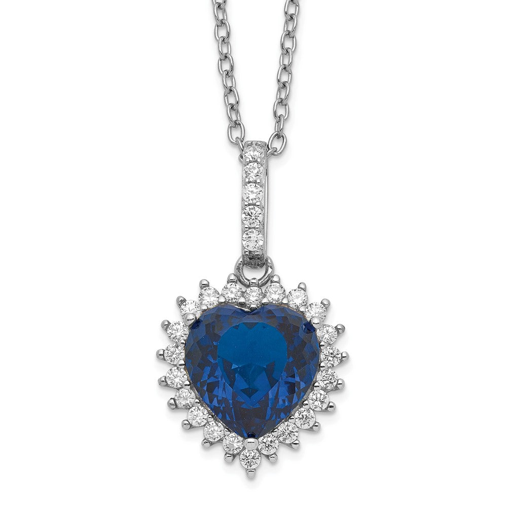 Cheryl M Sterling Silver Rhodium-plated 100 Facet Lab Created Dark Blue Spinel and Brilliant-cut White CZ Heart Halo 18 Inch Necklace, 5 ct, 18 x 15 mm