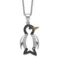 Cheryl M Sterling Silver Rhodium-plated with Black Rhodium Accent Enameled Brilliant-cut Black and White CZ Penguin 18 Inch Necklace, 18 x 14 mm