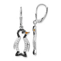 Cheryl M Sterling Silver Rhodium-plated with Black Rhodium Accent Enameled Brilliant-cut Black and White CZ Penguin Leverback Dangle Earrings, 39 x 12 mm