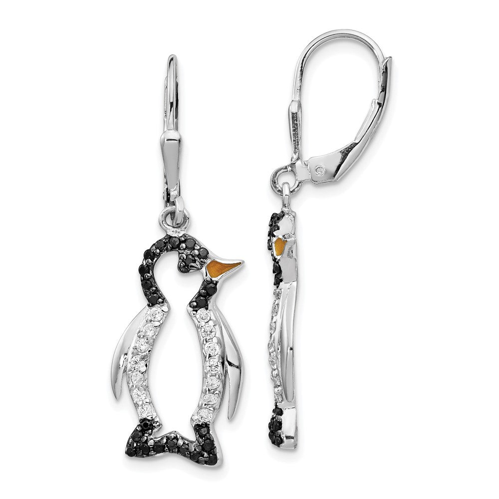 Cheryl M Sterling Silver Rhodium-plated with Black Rhodium Accent Enameled Brilliant-cut Black and White CZ Penguin Leverback Dangle Earrings, 39 x 12 mm