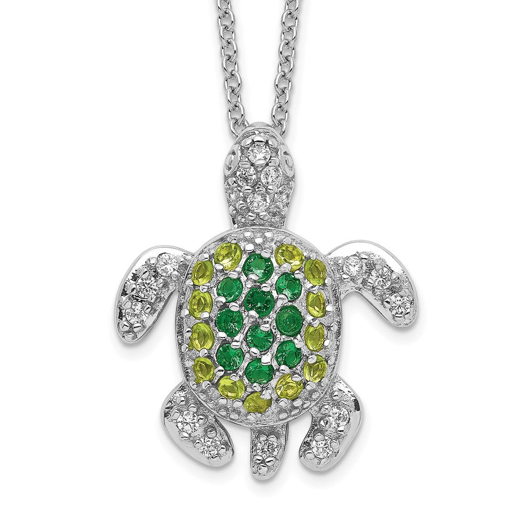 Cheryl M Sterling Silver Rhodium-plated Brilliant-cut Green Glass and Brilliant-cut White CZ Turtle 18 Inch Necklace, 18 x 18 mm