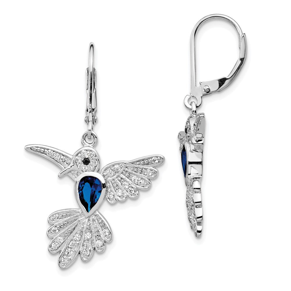 Cheryl M Sterling Silver Rhodium-plated Brilliant-cut Lab Created Dark Blue Spinel and Brilliant-cut White CZ Hummingbird Leverback Dangle Earrings, 0.5 ct, 36 x 22 mm