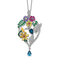 Cheryl M Sterling Silver Rhodium-plated Enameled Multicolor Brilliant-cut Glass and CZ Floral Hummingbird 18 Inch Necklace, 18 x 32 mm