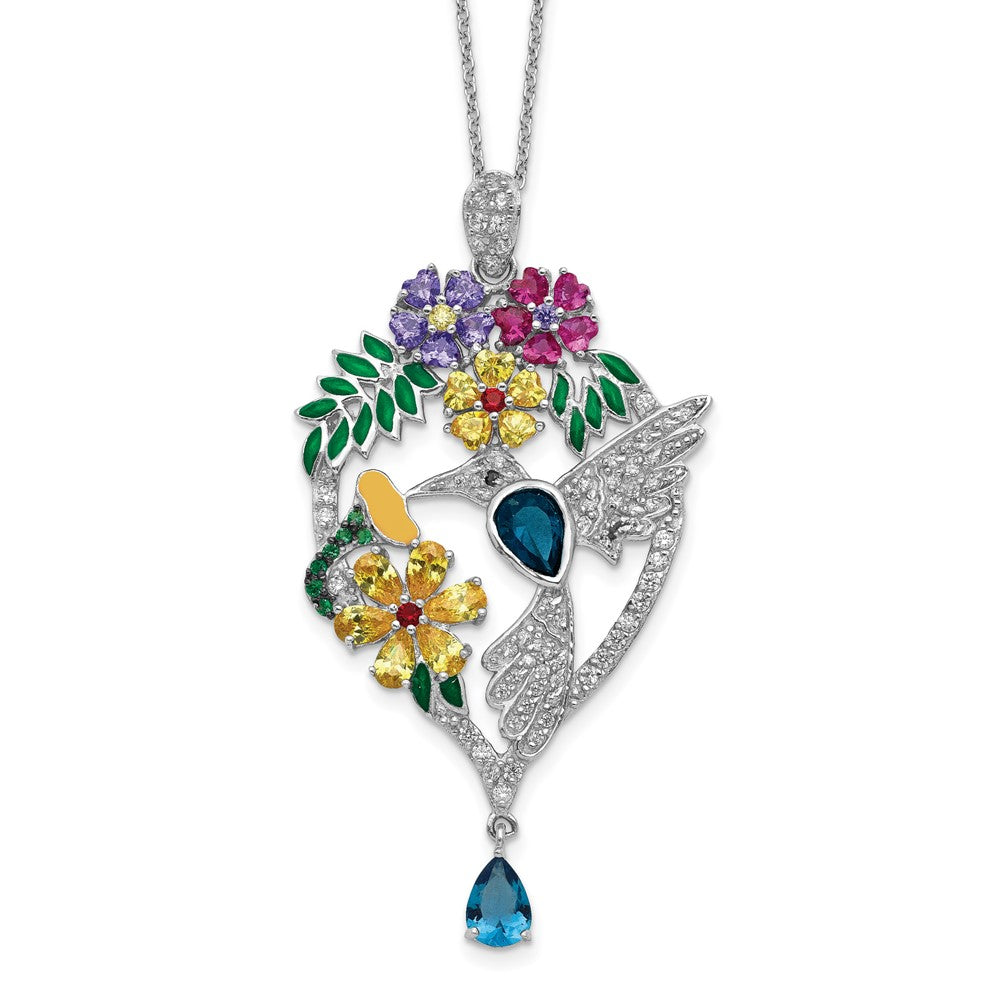Cheryl M Sterling Silver Rhodium-plated Enameled Multicolor Brilliant-cut Glass and CZ Floral Hummingbird 18 Inch Necklace, 18 x 32 mm