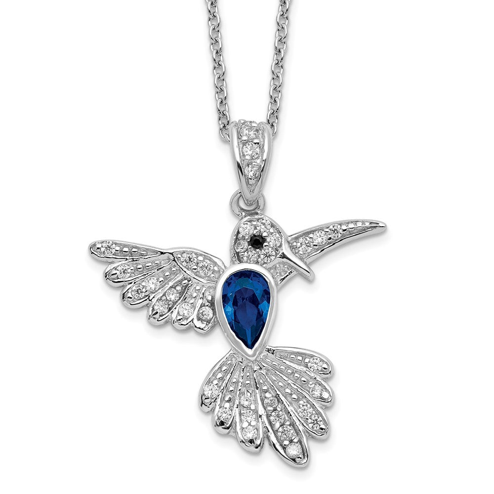 Cheryl M Sterling Silver Rhodium-plated Brilliant-cut Lab Created Dark Blue Spinel and Brilliant-cut White CZ Hummingbird 18 Inch Necklace, 0.48 ct, 18 x 14 mm