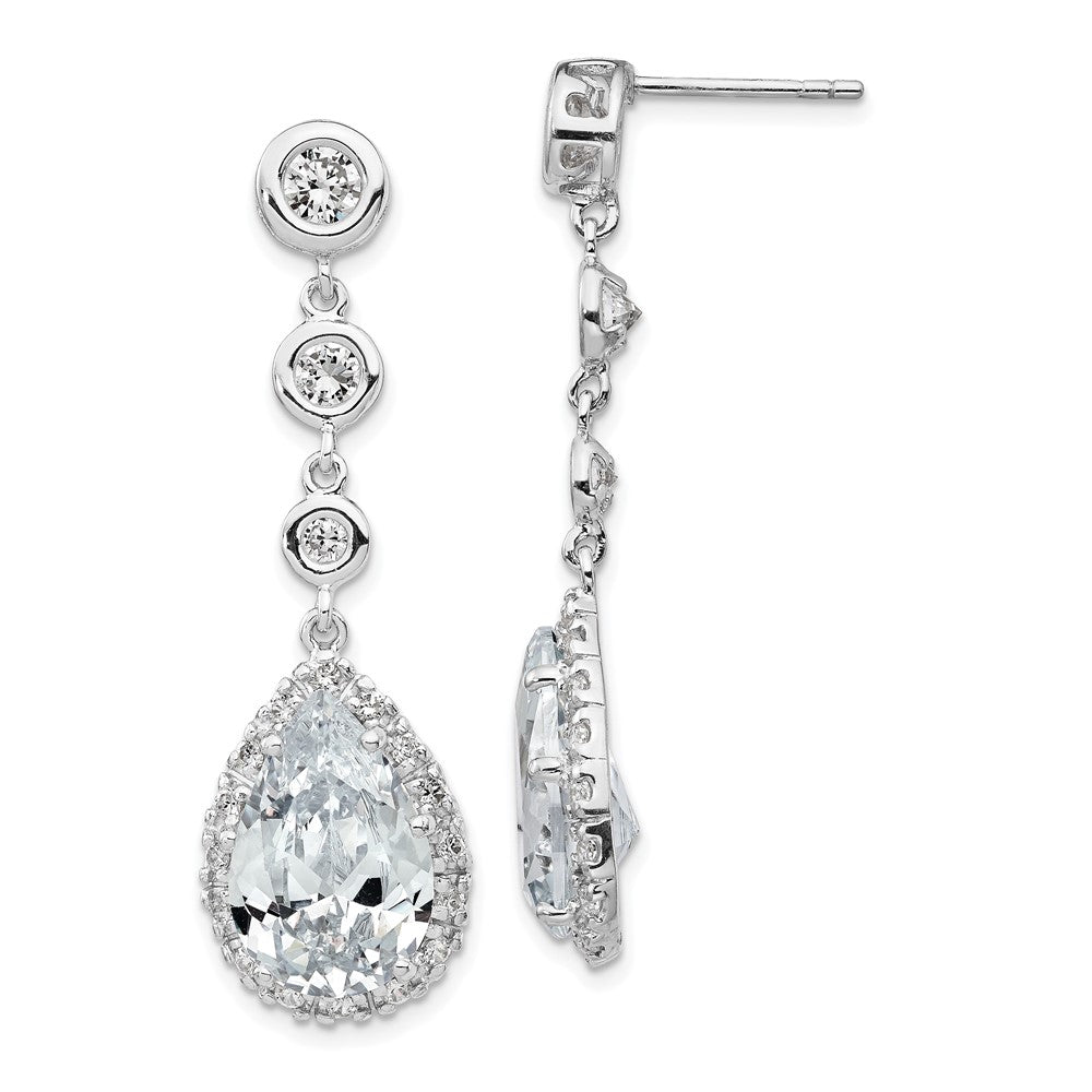 Cheryl M Sterling Silver Rhodium-plated Brilliant-cut CZ Bezel & Teardrop Halo Post Dangle Earrings, 43 x 12 mm