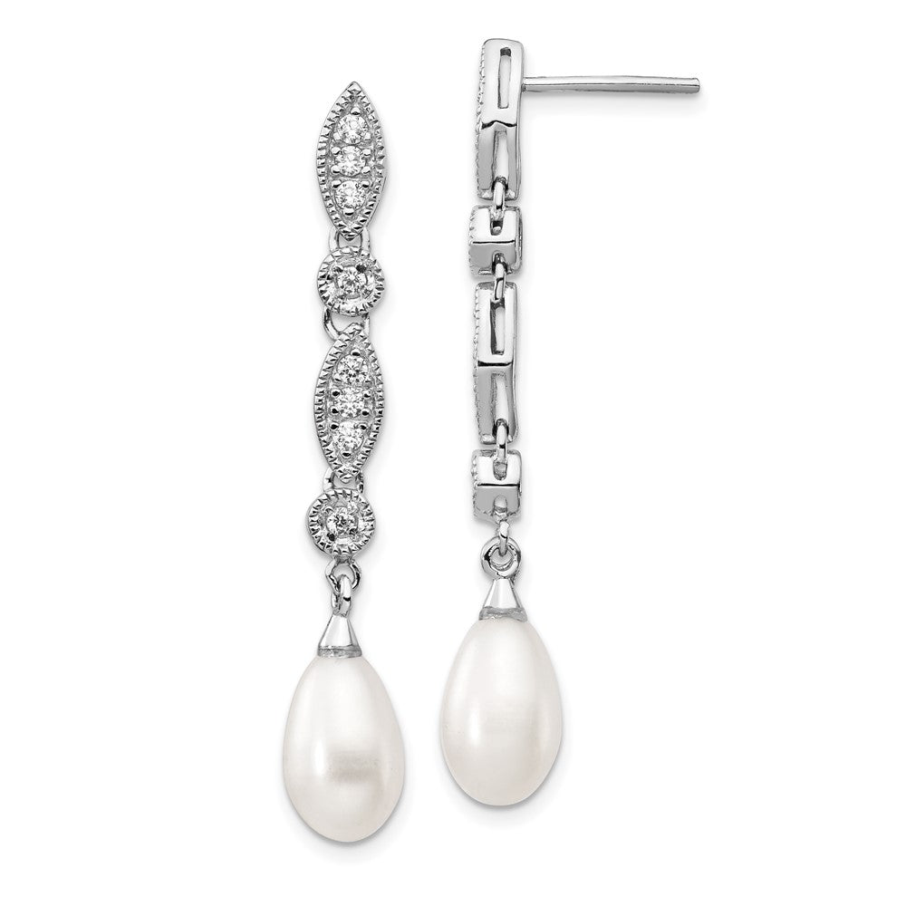 Cheryl M Sterling Silver Rhodium-plated Teardrop Freshwater Cultured Pearl and Brilliant-cut CZ Post Dangle Earrings, 48 x 8 mm