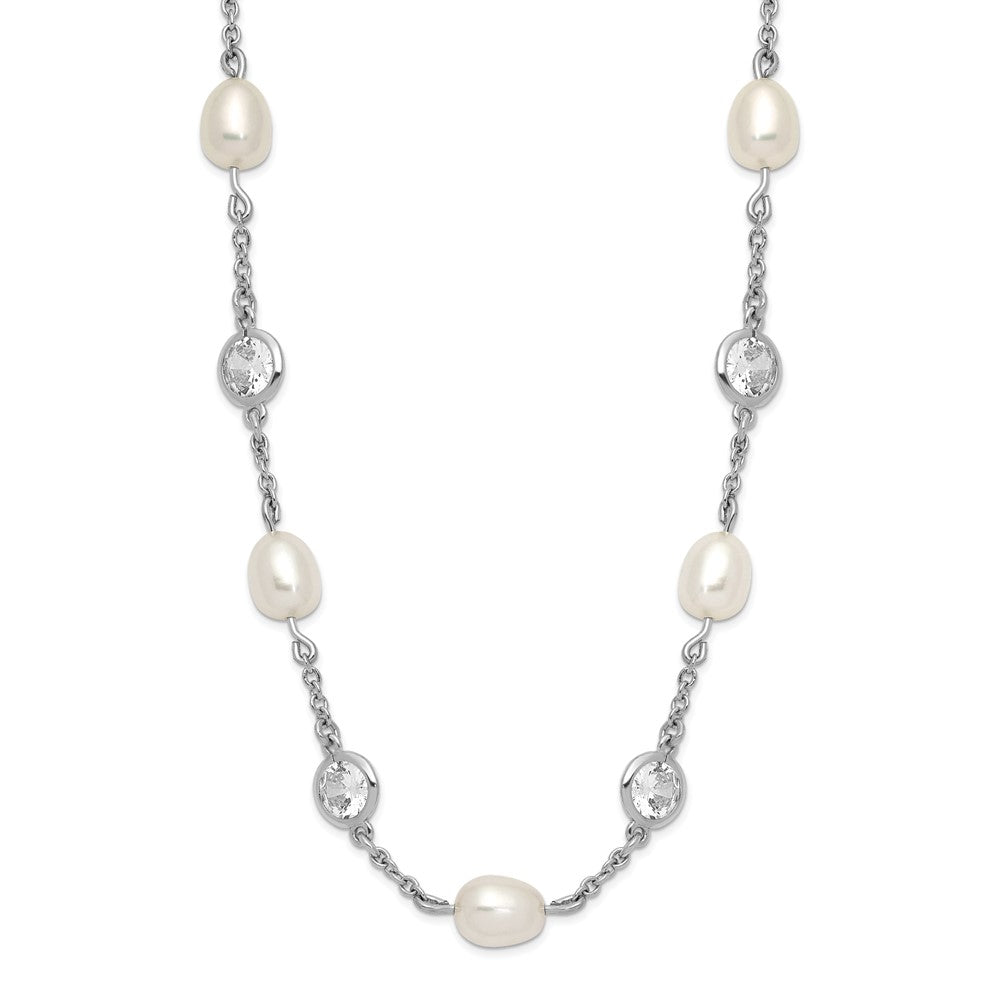 Cheryl M Sterling Silver Rhodium-plated Freshwater Cultured Pearl and Brilliant-cut CZ Bezel Station 36 Inch Necklace, 36 x 7 mm