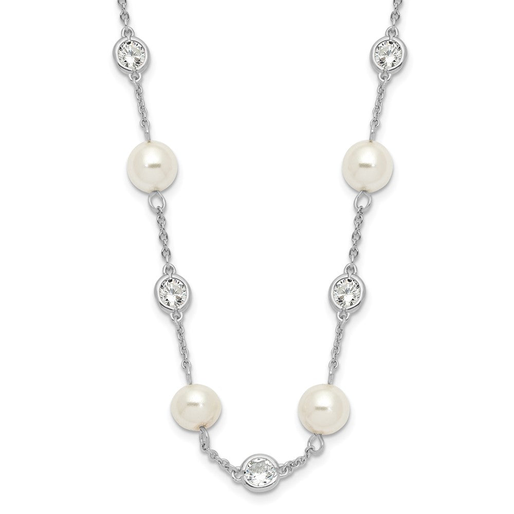 Cheryl M Sterling Silver Rhodium-plated Glass Pearl and Brilliant-cut CZ Bezel Station 36 Inch Necklace, 36 x 9 mm