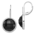 Cheryl M Sterling Silver Rhodium-plated Checker-cut Onyx and Brilliant-cut White CZ Round Halo Dangle Leverback Earrings, 33 x 18 mm