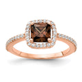 Cheryl M Sterling Silver Rose Gold-plated Cocoa Cushion-cut and White Brilliant-cut CZ Halo Ring, Size 8, 9 mm