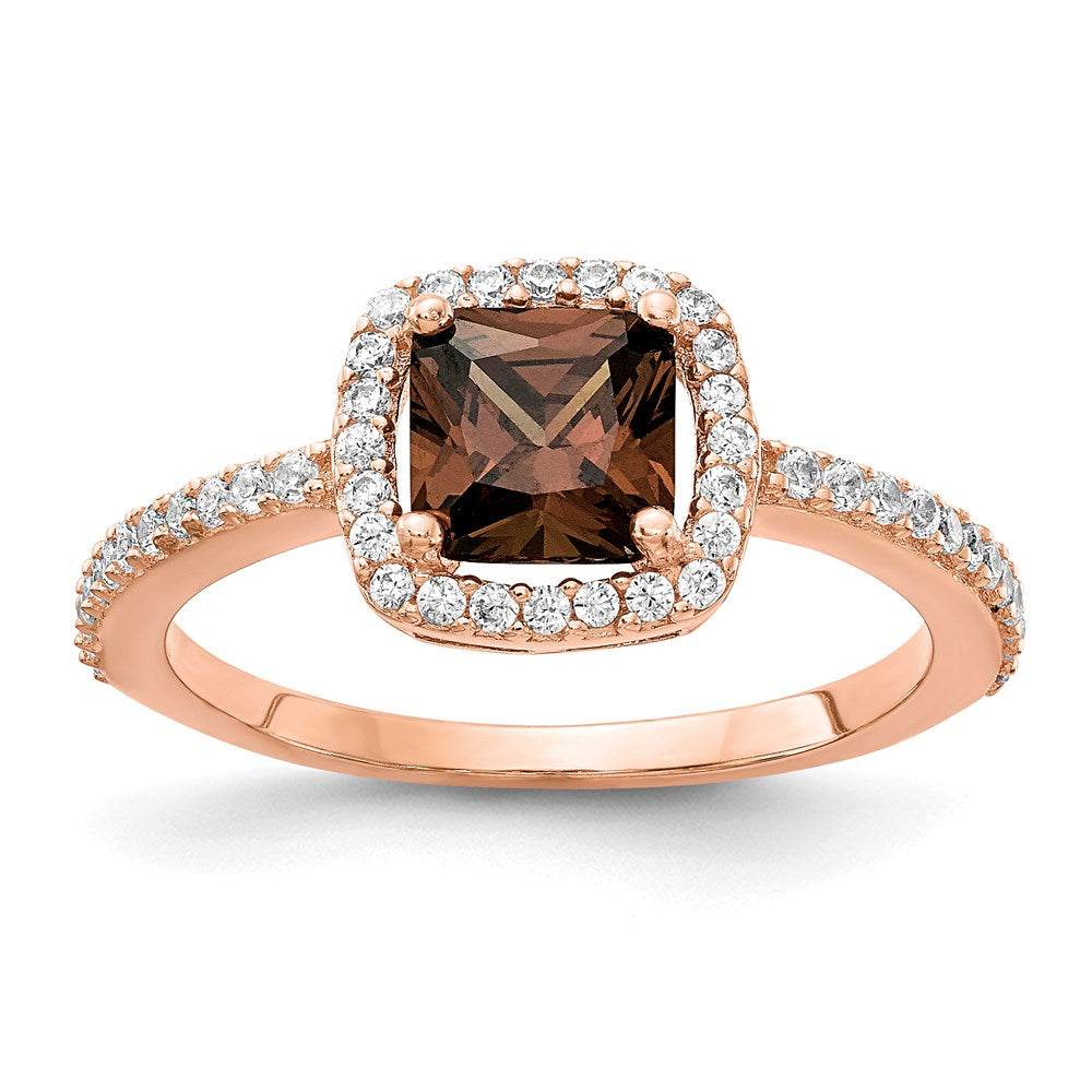 Cheryl M Sterling Silver Rose Gold-plated Cocoa Cushion-cut and White Brilliant-cut CZ Halo Ring, Size 8, 9 mm