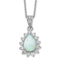 Cheryl M Sterling Silver Rhodium-plated Cabochon Lab Created Opal and Brilliant-cut CZ Teardrop Halo 18 Inch Necklace, 18 x 13 mm
