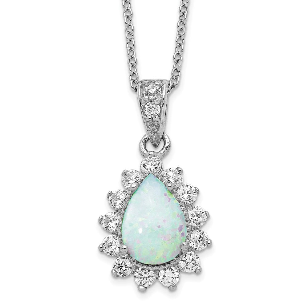 Cheryl M Sterling Silver Rhodium-plated Cabochon Lab Created Opal and Brilliant-cut CZ Teardrop Halo 18 Inch Necklace, 18 x 13 mm
