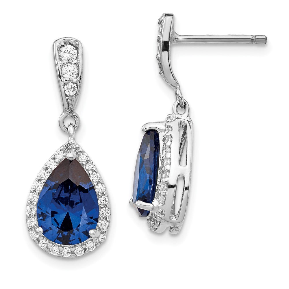 Cheryl M Sterling Silver Rhodium-plated Brilliant-cut Lab Created Dark Blue Spinel and Brilliant-cut White CZ Teardrop Post Dangle Earrings, 4 ct, 25 x 10 mm