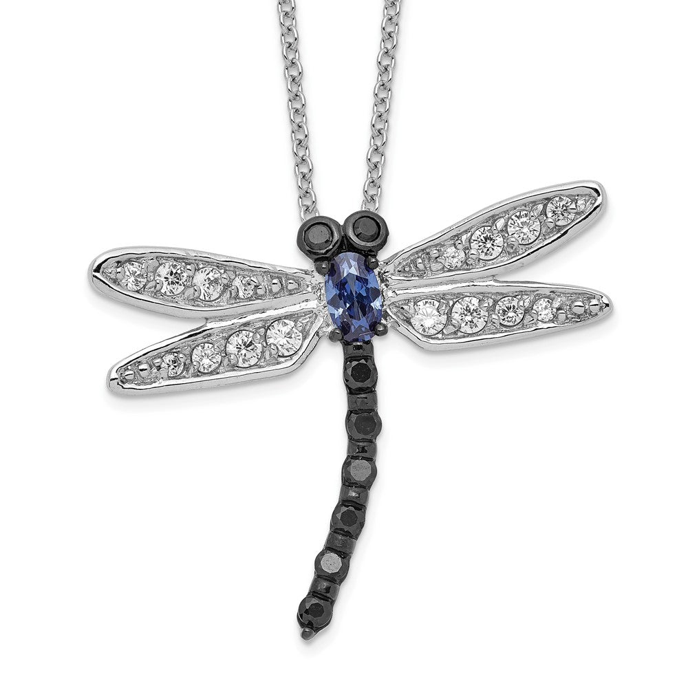 Cheryl M Sterling Silver Rhodium-plated with Black Rhodium Accent Brilliant-cut Black White and Blue CZ Dragonfly 18 Inch Necklace, 18 x 30 mm