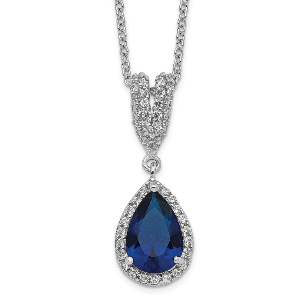 Cheryl M Sterling Silver Rhodium-plated Brilliant-cut Lab Created Dark Blue Spinel and Brilliant-cut White CZ Teardrop Halo 18 Inch Necklace, 2 ct, 18 x 10 mm