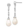 Cheryl M Sterling Silver Rhodium-plated Teardrop Freshwater Cultured Pearl and Brilliant-cut CZ Post Dangle Earrings, 36 x 9 mm