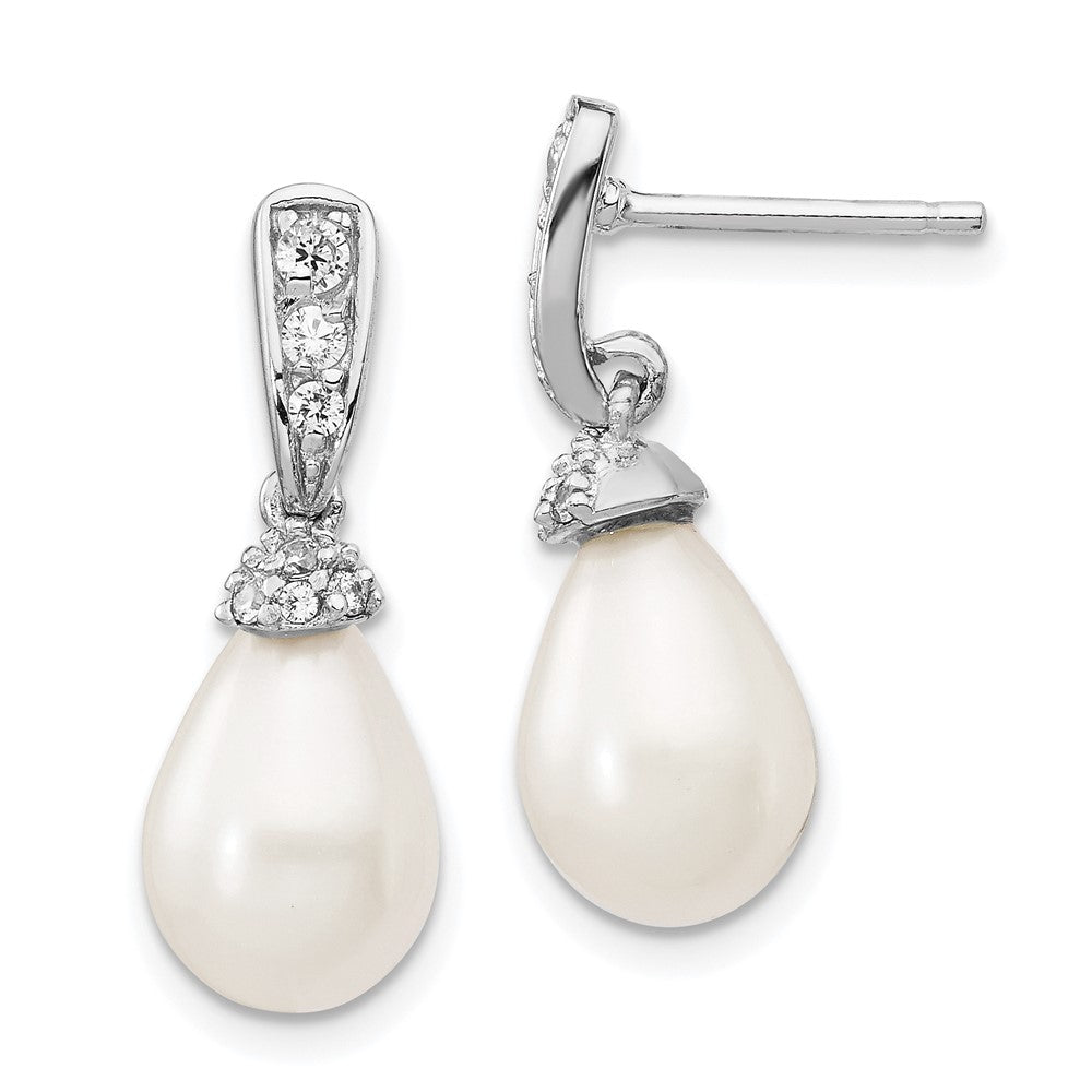 Cheryl M Sterling Silver Rhodium-plated Teardrop White Freshwater Cultured Pearl and Brilliant-cut CZ Post Dangle Earrings, 22 x 9 mm