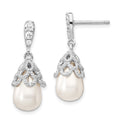 Cheryl M Sterling Silver Rhodium-plated Teardrop White Freshwater Cultured Pearl and Brilliant-cut CZ Post Dangle Earrings, 25 x 10 mm