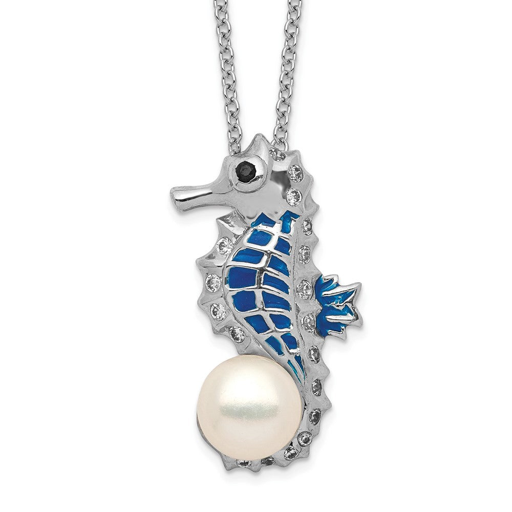 Cheryl M Sterling Silver Rhodium-plated Enameled Freshwater Cultured Pearl and Brilliant-cut CZ Seahorse 18 Inch Necklace, 18 x 14 mm