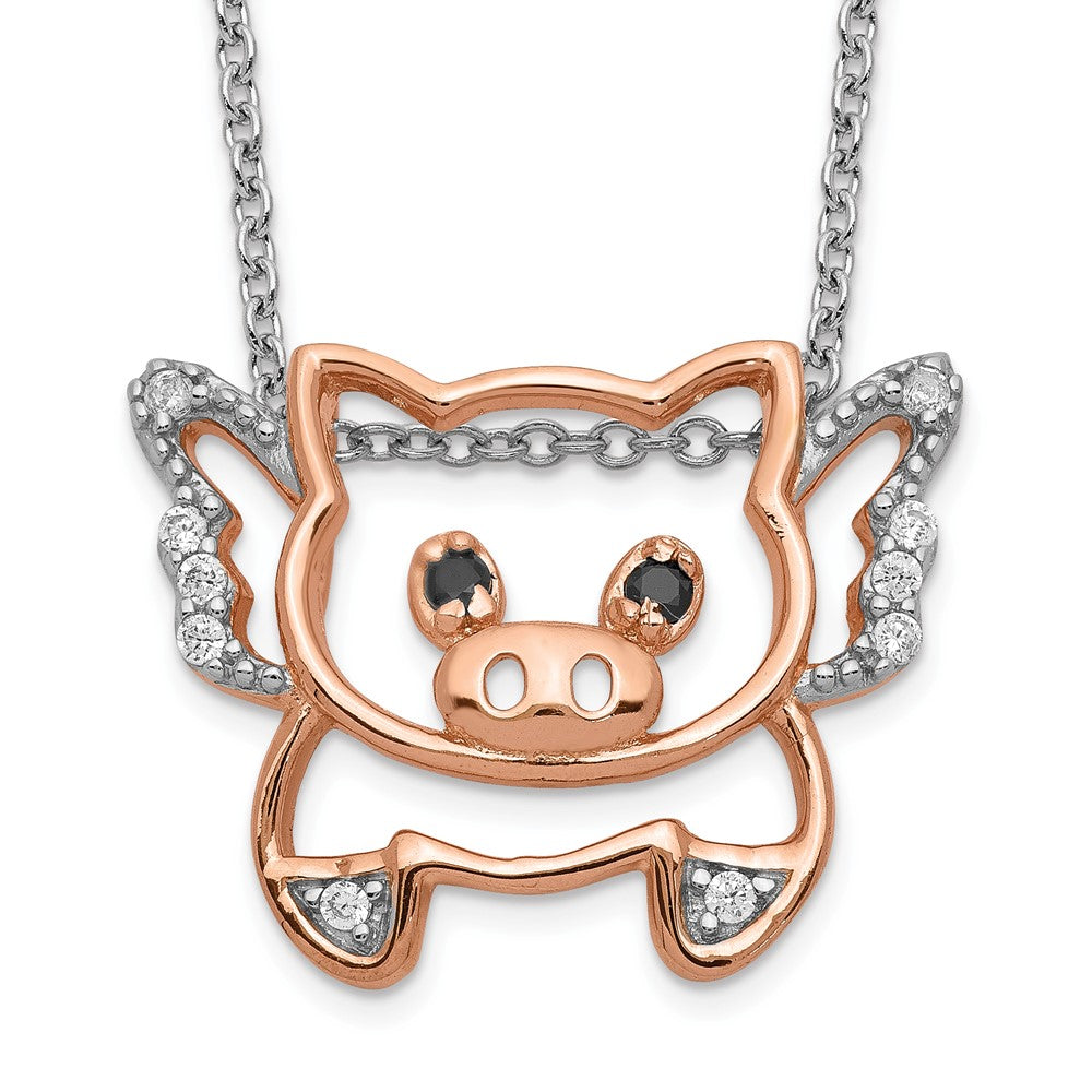 Cheryl M Sterling Silver Rose Gold-plated Brilliant-cut Black Glass and Brilliant-cut White CZ Flying Pig 18 Inch Necklace, 18 x 20 mm