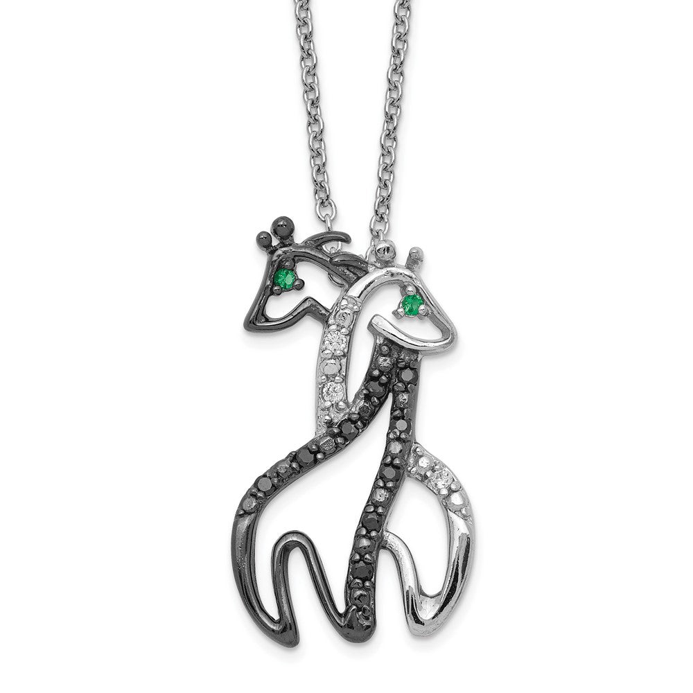 Cheryl M Sterling Silver Rhodium-plated with Black Rhodium Accent Brilliant-cut Black Green and White CZ Giraffes 18 Inch Necklace, 18 x 24 mm