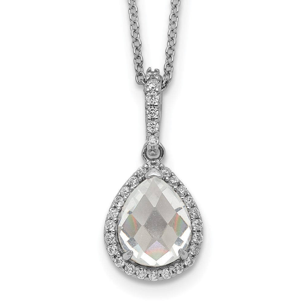Cheryl M Sterling Silver Rhodium-plated Checkerboard-cut and Brilliant-cut CZ Halo Teardrop 18 Inch Necklace, 18 x 11 mm