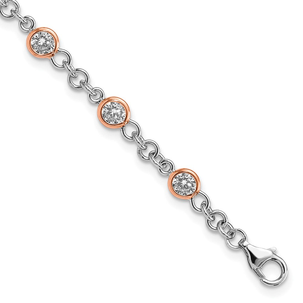 Cheryl M Sterling Silver Rhodium-plated and Rose Gold-plated Accent Brilliant-cut CZ Bezel 11 Station 7.25 Inch Bracelet, 7.25 x 4 mm