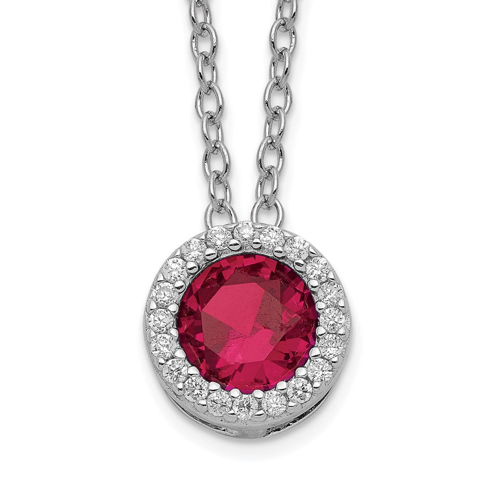 Cheryl M Sterling Silver Rhodium-plated Brilliant-cut Lab Created Ruby and Brilliant-cut White CZ Round Halo 18 Inch Necklace, 1.25 ct, 18 x 8.9 mm