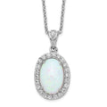Cheryl M Sterling Silver Rhodium-plated Cabochon Lab Created Opal and Brilliant-cut CZ Oval Halo 18 Inch Necklace, 18 x 12 mm