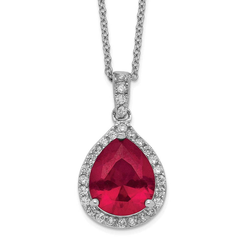 Cheryl M Sterling Silver Rhodium-plated Brilliant-cut Lab Created Ruby and Brilliant-cut White CZ Teardrop Halo 18 Inch Necklace, 4.9 ct, 18 x 12.85 mm