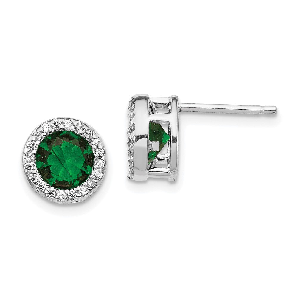 Cheryl M Sterling Silver Rhodium-plated Brilliant-cut Green Glass and Brilliant-cut White CZ Halo Post Earrings, 9 x 9 mm