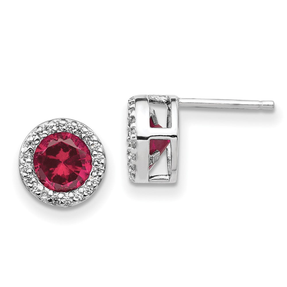 Cheryl M Sterling Silver Rhodium-plated Brilliant-cut Lab Created Ruby and Brilliant-cut White CZ Round Halo Post Earrings, 2.5 ct, 9 x 8.85 mm