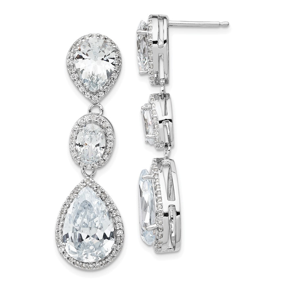 Cheryl M Sterling Silver Rhodium-plated Brilliant-cut Three Teardrop CZ Halo Post Dangle Earrings, 40 x 11 mm