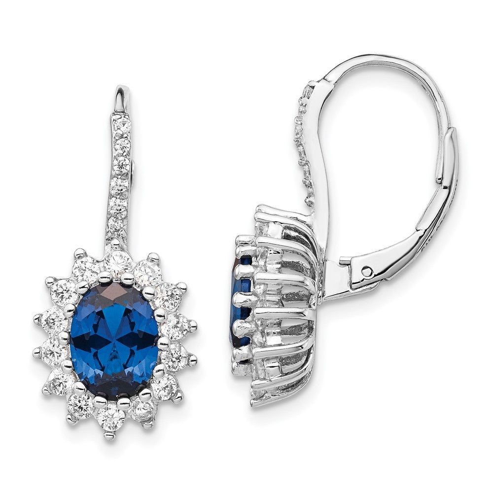 Cheryl M Sterling Silver Rhodium-plated Brilliant-cut Lab Created Dark Blue Spinel and Brilliant-cut White CZ Oval Halo Leverback Earrings, 2 ct, 18 x 10 mm