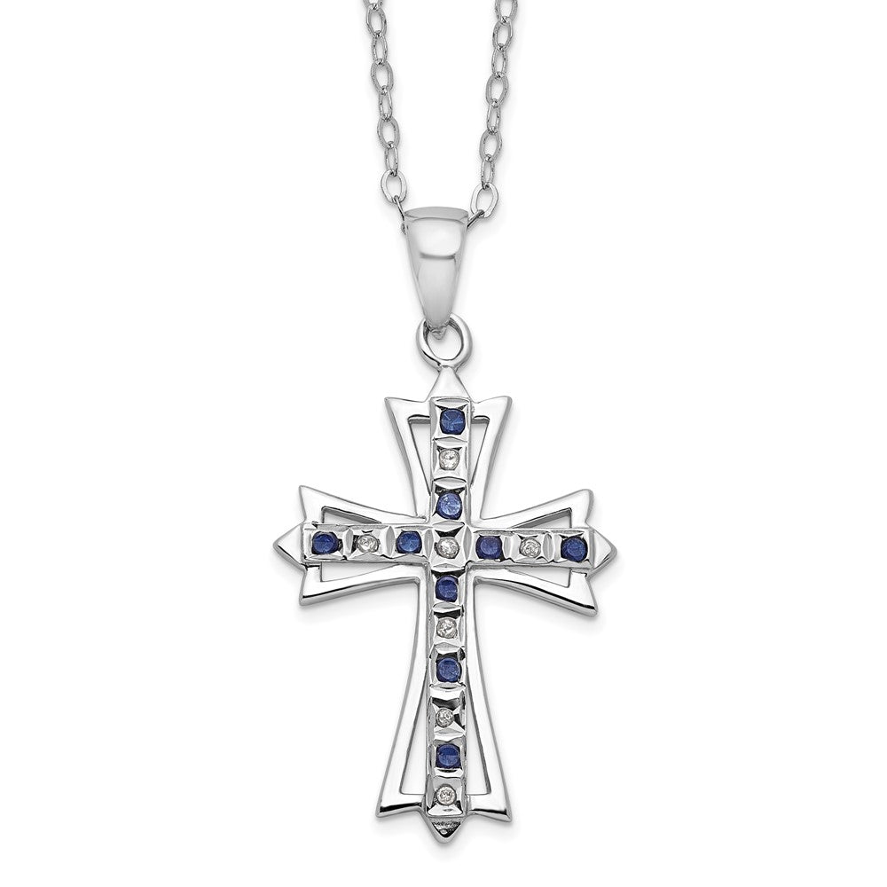 Diamond Fascination Diamond Mystique Sterling Silver Platinum-plated Diamond and Sapphire Cross 18 Inch Necklace, 0.01 ct, 18 x 19 mm