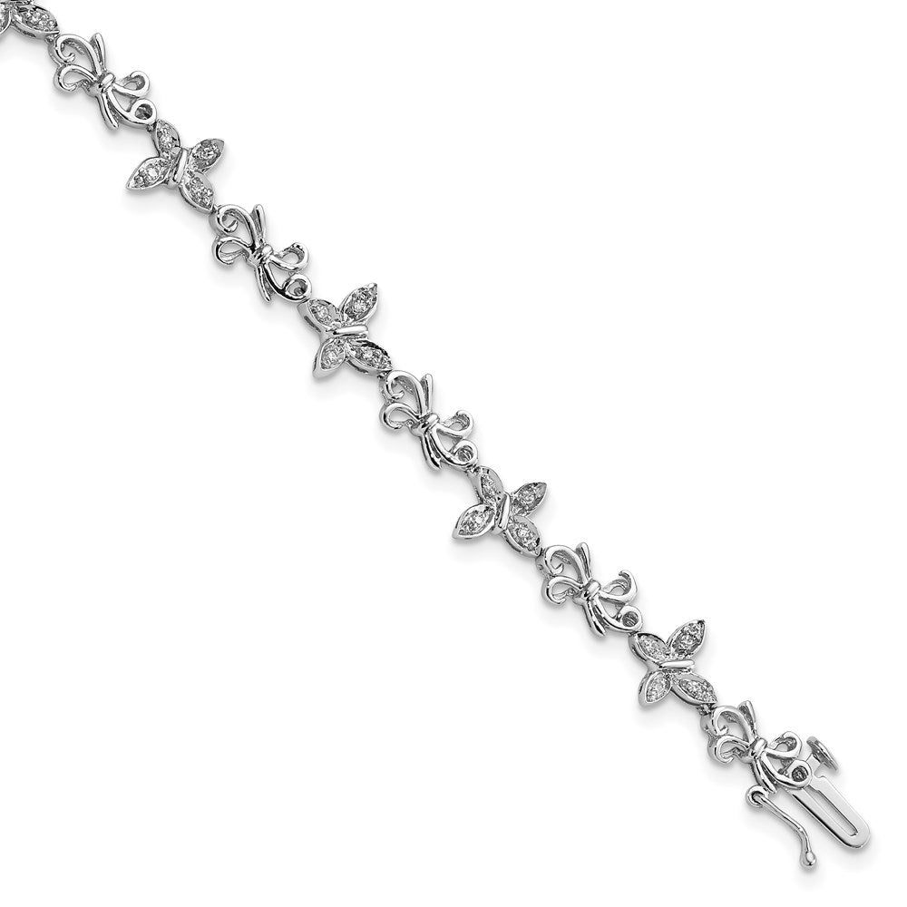 Sterling Silver Rhodium-plated Diamon Butterfly & Bows Bracelet, 0.14 ct, 7 x 8 mm