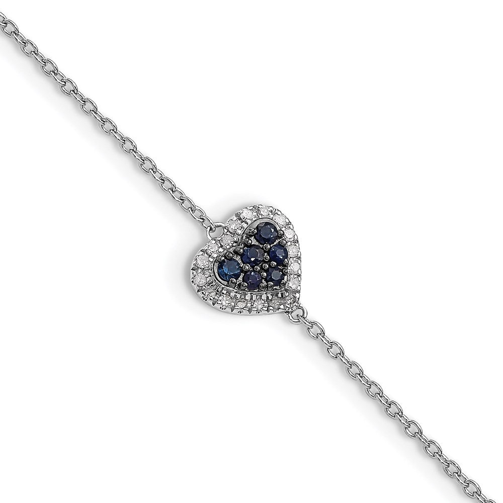 Sterling Silver Rhodium Diam. & Sapphire Heart Bracelet, 0.225 ct, 7 x 9 mm