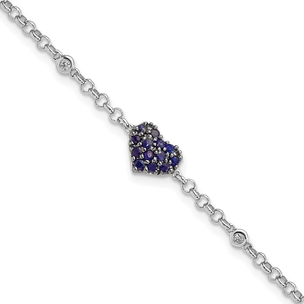Sterling Silver Rhodium Diam. & Sapphire Heart Bracelet, 0.266 ct, 7 x 9 mm