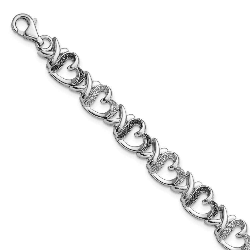 White Night Sterling Silver Rhodium-plated Black and White Diamond Heart 7.5 Inch Bracelet, 0.104 ct, 7.5 x 9 mm