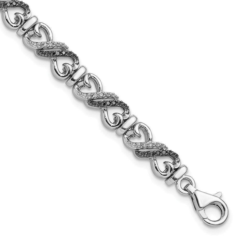 White Night Sterling Silver Rhodium-plated Black and White Diamond Infinity Heart 7.5 Inch Bracelet, 0.24 ct, 7.5 x 6 mm