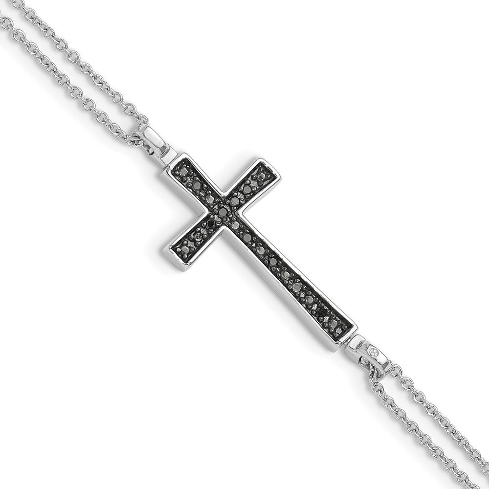 Sterling Silver Rhod 0.1ct. Blk & Wht Dia. Rvsble Cross 2 Strand Bracelet, 6.5 x 7.5 mm